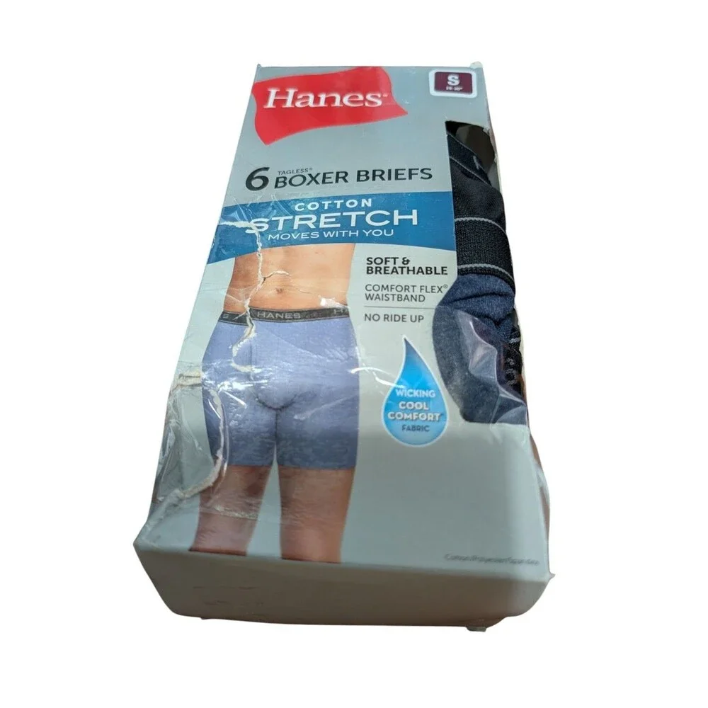 Hanes Men Cotton Stretch Boxer Briefs 6 Pk Size Small Blue,Black DAMAGED BOX